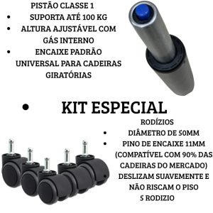 Combo Reparo Cadeira Giratória – Pistão Classe 1 + 5 rodizios